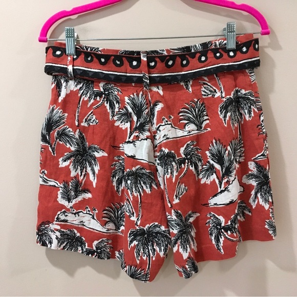 TAHARI Linen Shorts Orange Black Palm Tree Print Tropical Belted pocket - Picture 2 of 5